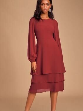 Lulus Crystal Clear Wine Red Tiered Midi Dress Sz L Long Sleeves Romantic